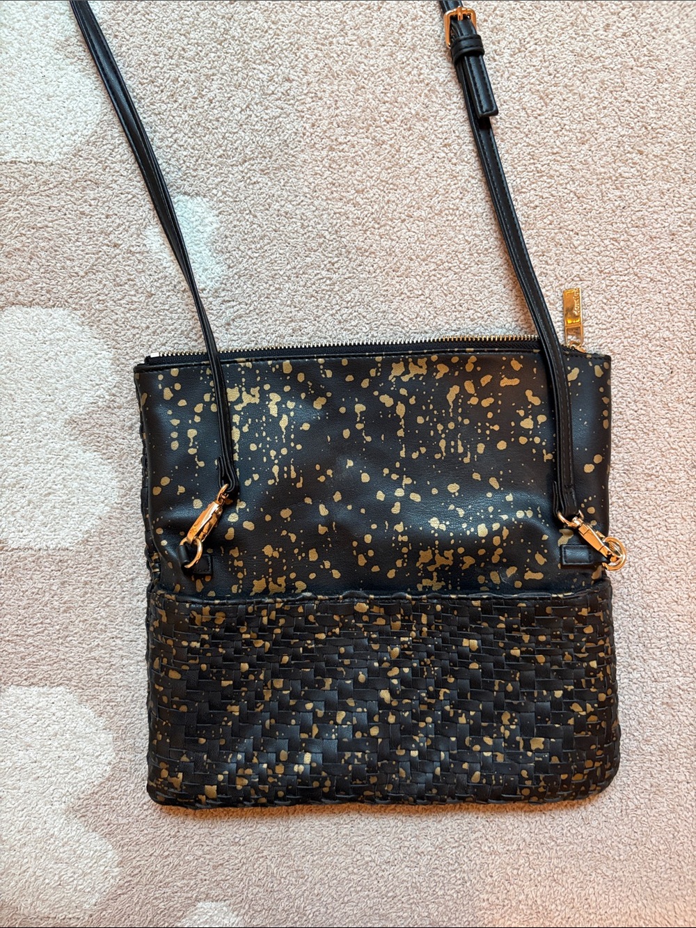 Deux Lux Black Crossbody with Gold Splatter and Woven Detail